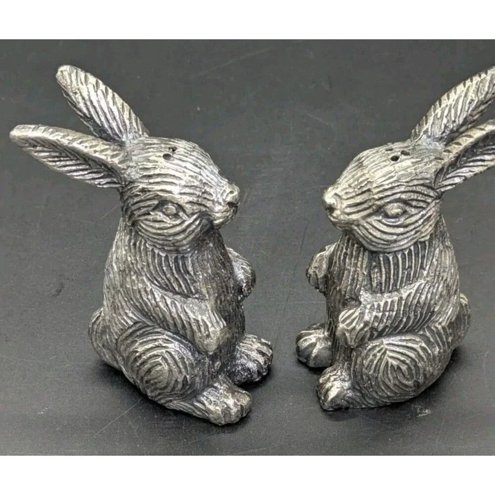 Pottery Barn Pewter Easter Bunny Rabbit Salt & Pepper Shakers 3 3/4